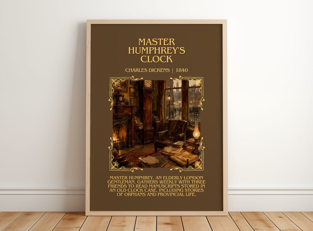 Master Humphrey'S Clock Minimalist Book Poster by Charles Dickens – framed print leaning on a wooden floor