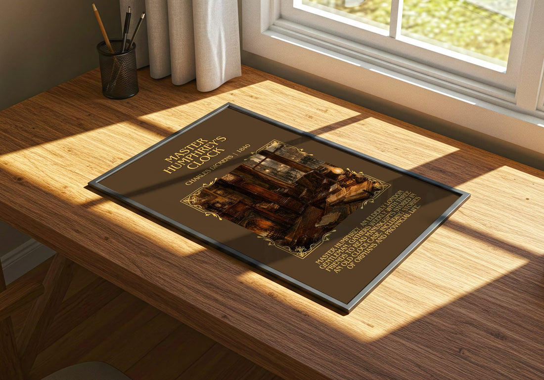 Master Humphrey'S Clock Minimalist Book Poster by Charles Dickens – print on a sunlit desk