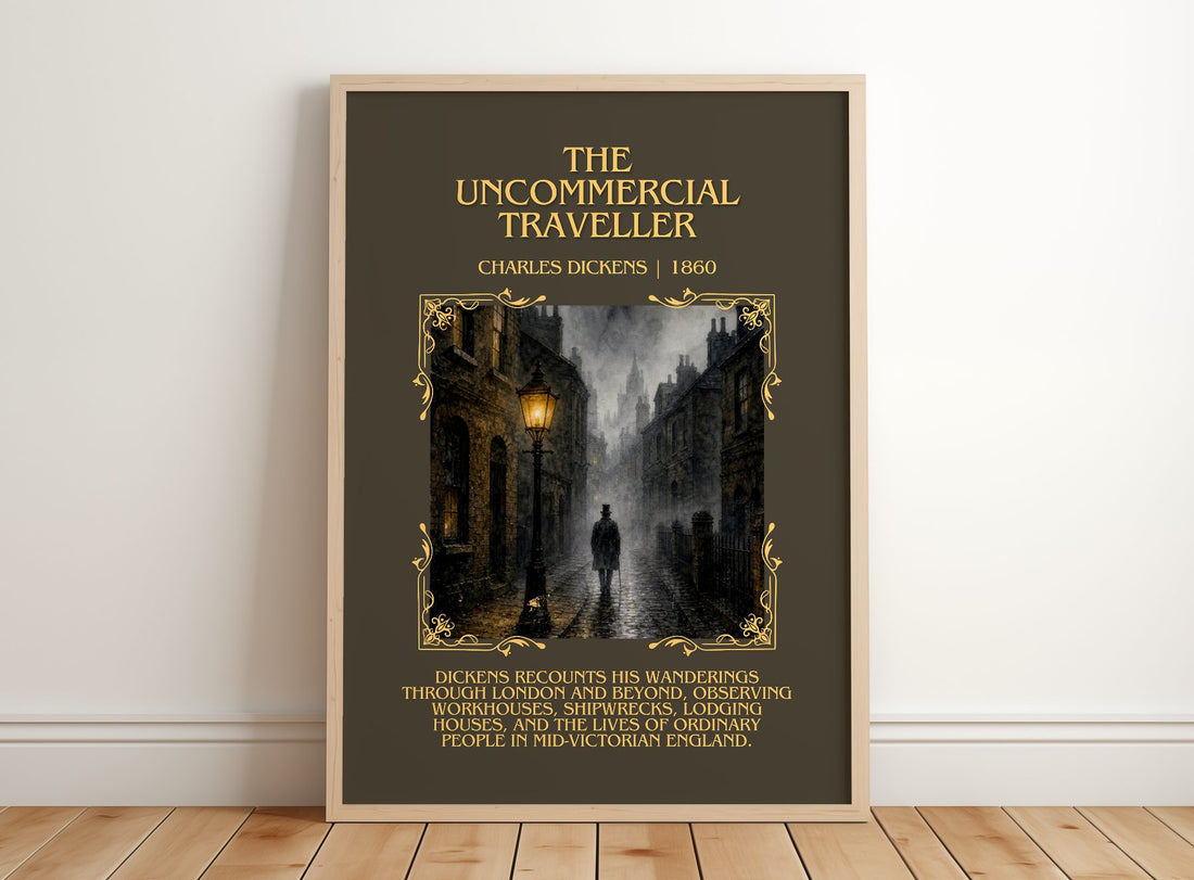The Uncommercial Traveller Minimalist Book Poster by Charles Dickens – framed print leaning on a wooden floor