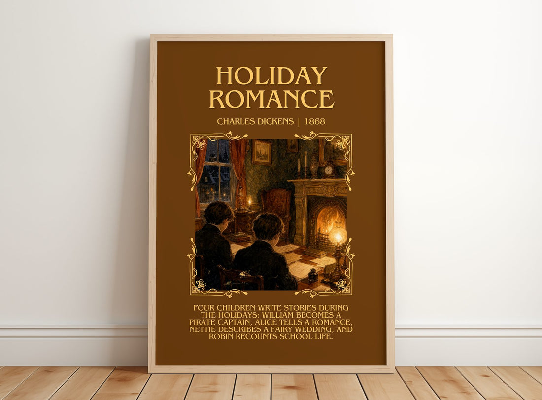 Holiday Romance Minimalist Book Poster by Charles Dickens – framed print leaning on a wooden floor