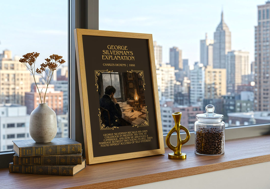 George Silverman'S Explanation Minimalist Book Poster by C. Dickens – framed print on a city-view windowsill