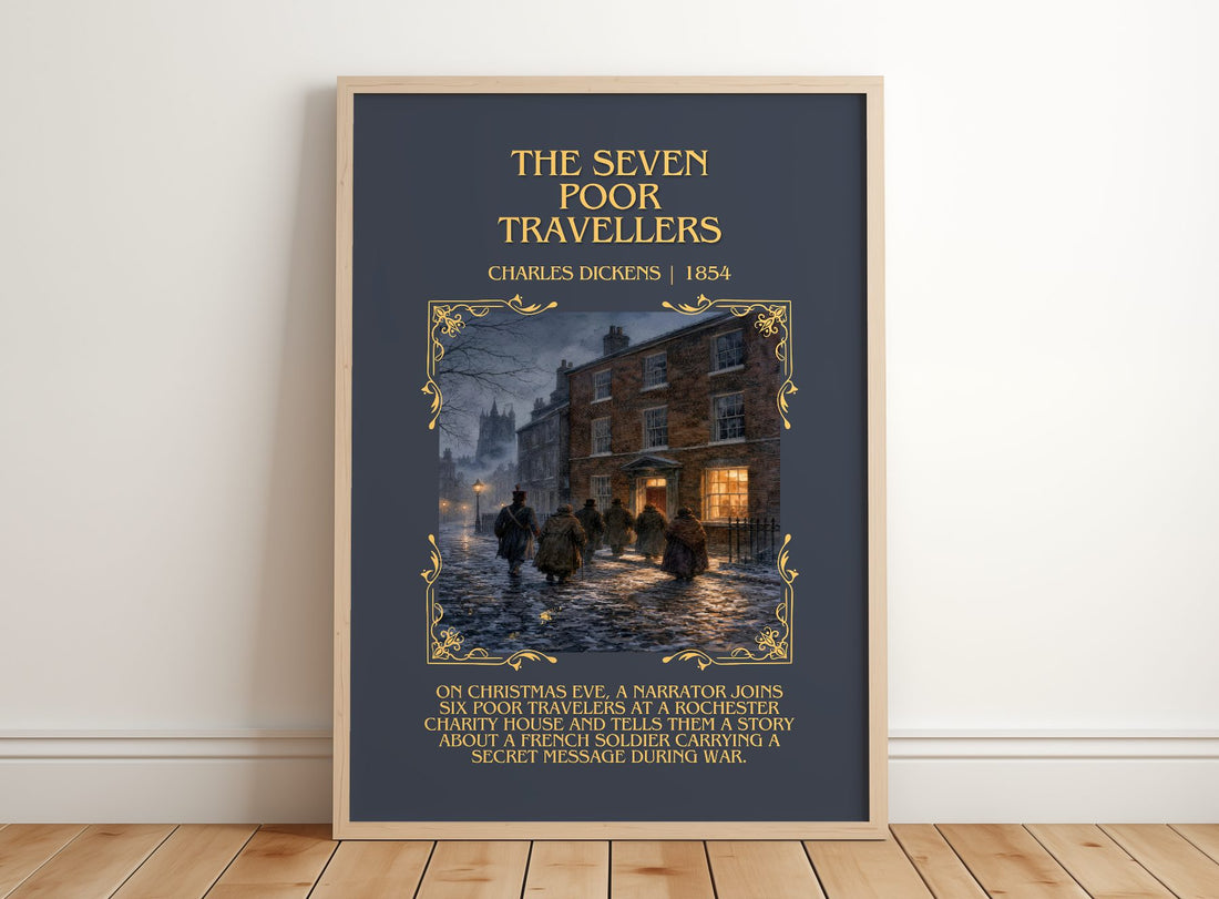 The Seven Poor Travellers Minimalist Book Poster by Charles Dickens – framed print leaning on a wooden floor