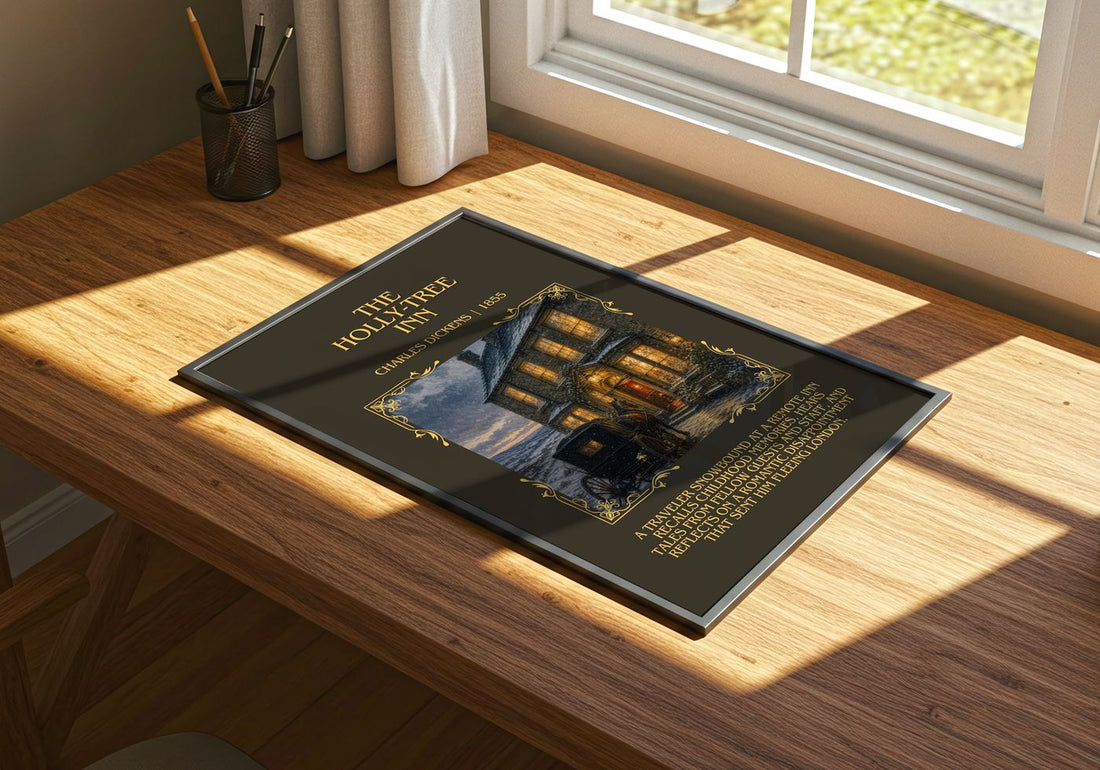 The Holly-Tree Inn Minimalist Book Poster by Charles Dickens – print on a sunlit desk