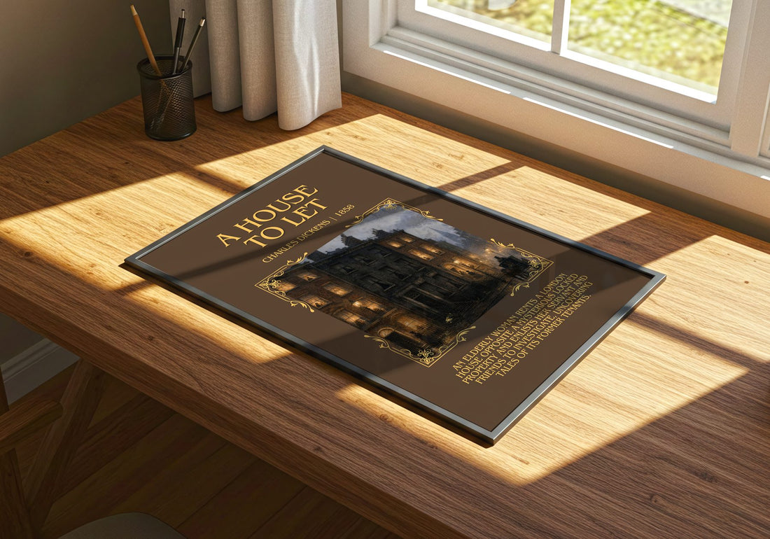 A House To Let Minimalist Book Poster by Charles Dickens – print on a sunlit desk