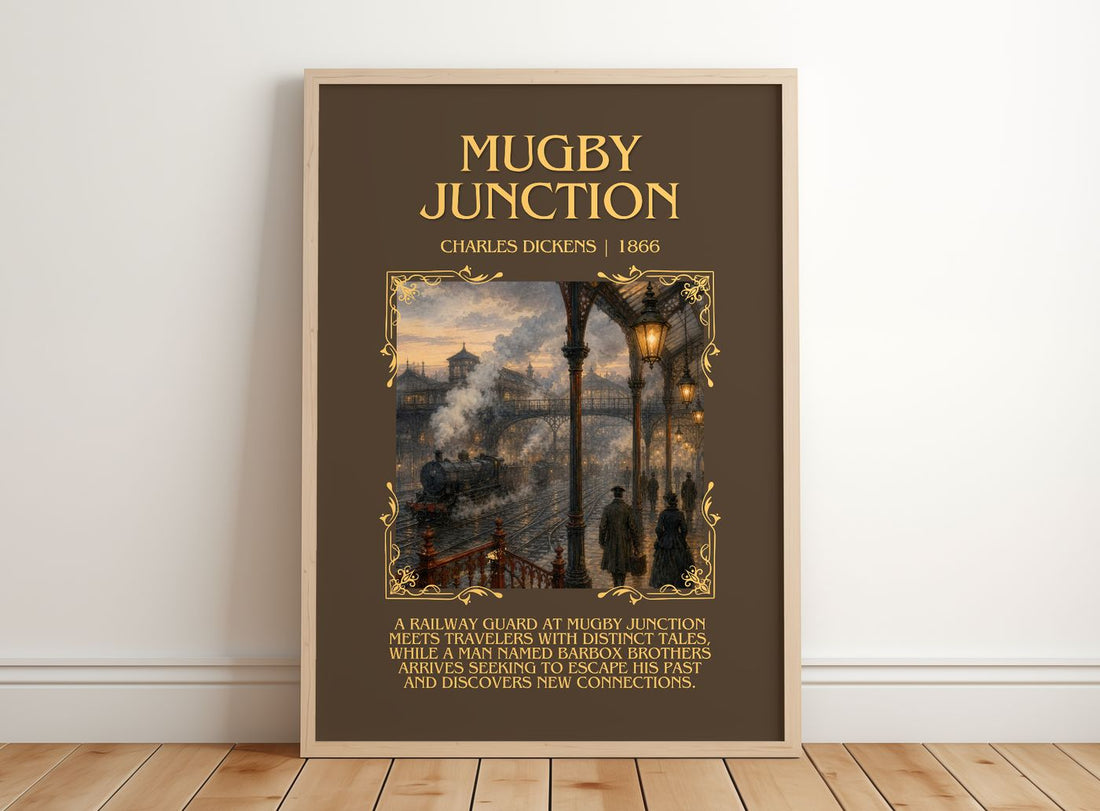 Mugby Junction Minimalist Book Poster by Charles Dickens – framed print leaning on a wooden floor
