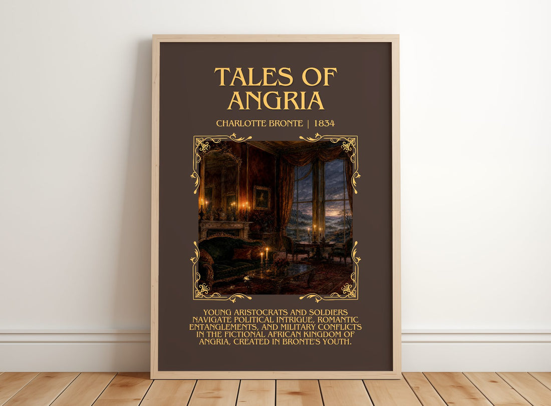 Tales Of Angria Minimalist Book Poster by Charlotte Brontë – framed print leaning on a wooden floor
