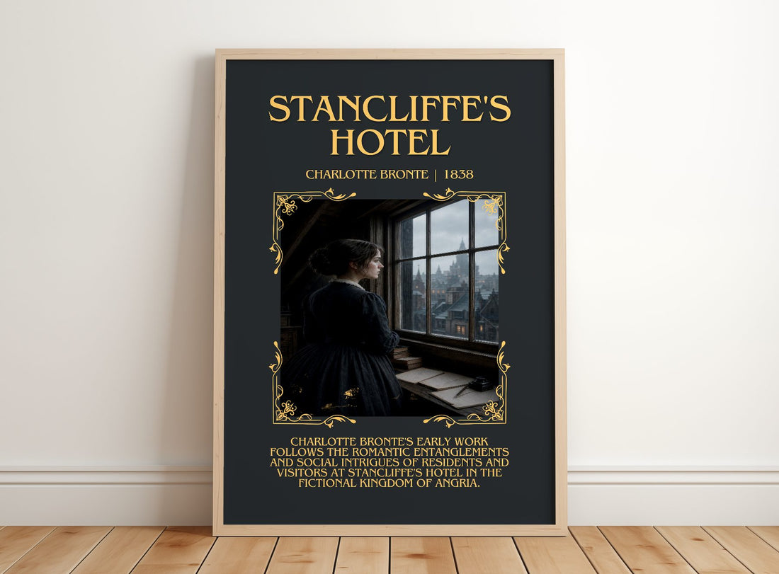 Stancliffe'S Hotel Minimalist Book Poster by Charlotte Brontë – framed print leaning on a wooden floor