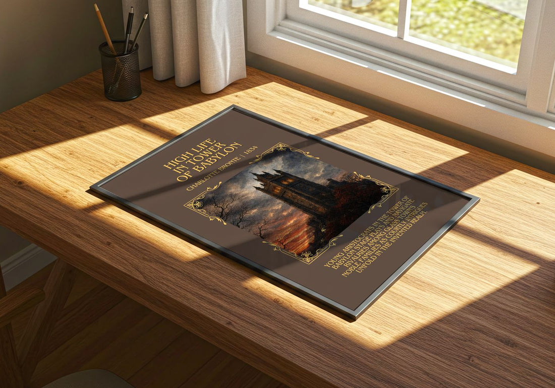 High Life In Tower Of Babylon Minimalist Book Poster by C. Brontë – print on a sunlit desk