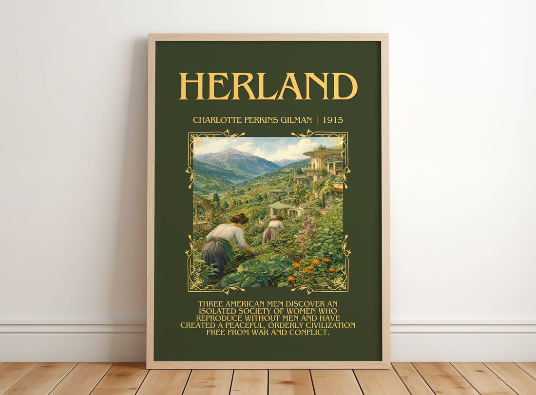 Herland Minimalist Book Poster by Charlotte Perkins Gilman – framed print leaning on a wooden floor