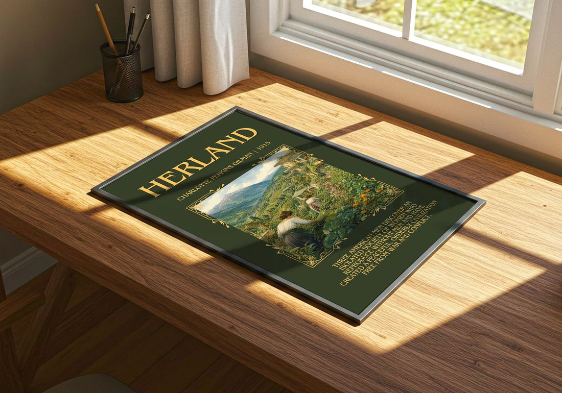 Herland Minimalist Book Poster by Charlotte Perkins Gilman – print on a sunlit desk