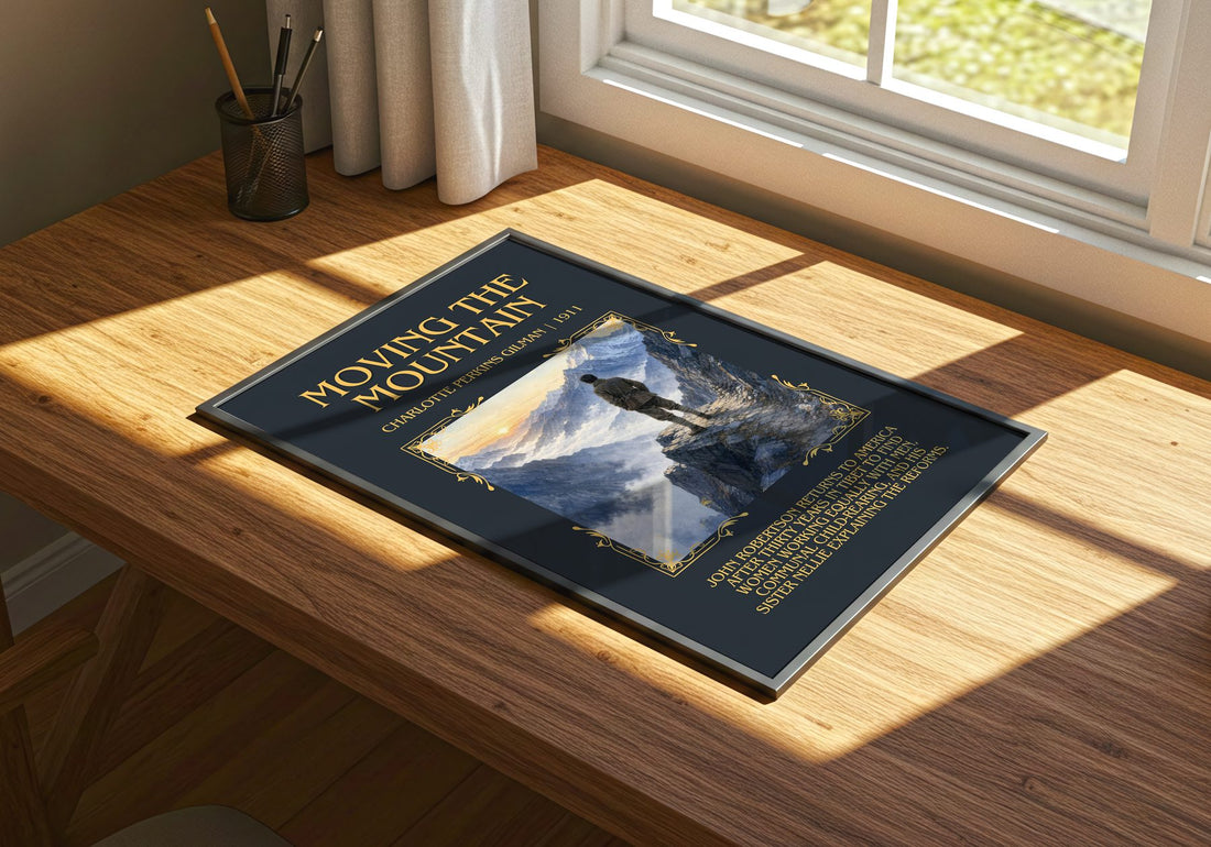 Moving The Mountain Minimalist Book Poster by Charlotte Perkins Gilman – print on a sunlit desk