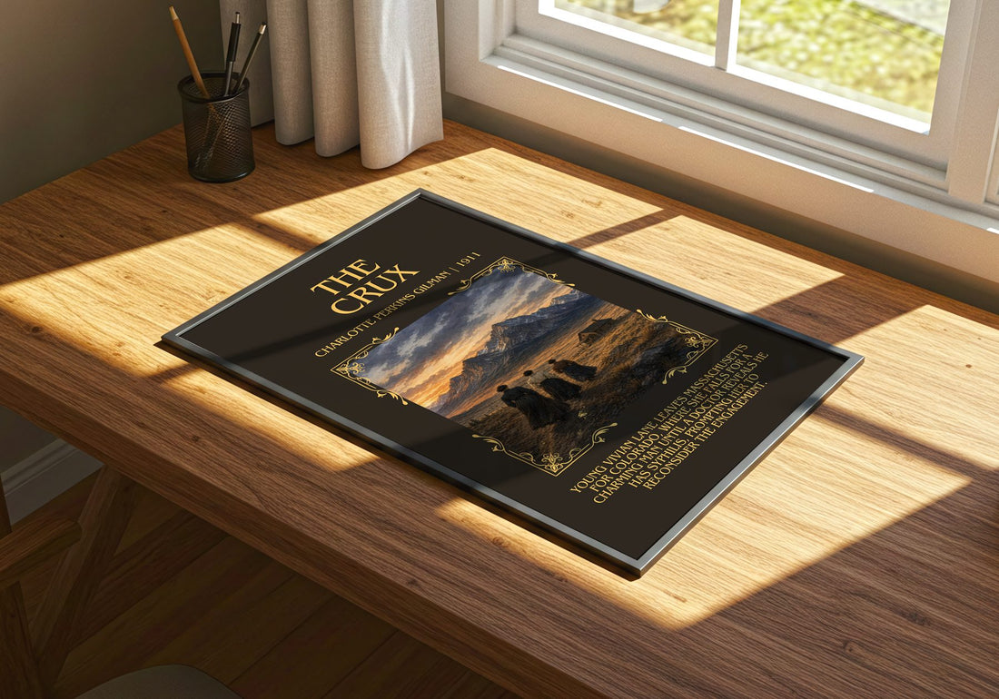 The Crux Minimalist Book Poster by Charlotte Perkins Gilman – print on a sunlit desk