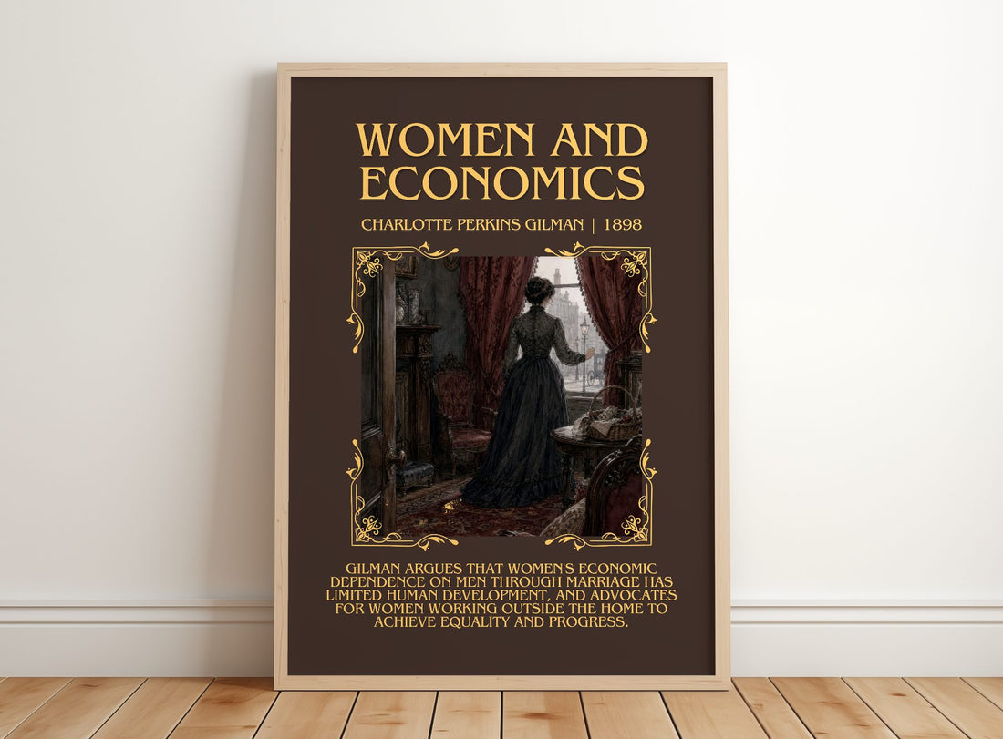 Women And Economics Minimalist Book Poster by Charlotte Perkins Gilman – framed print leaning on a wooden floor