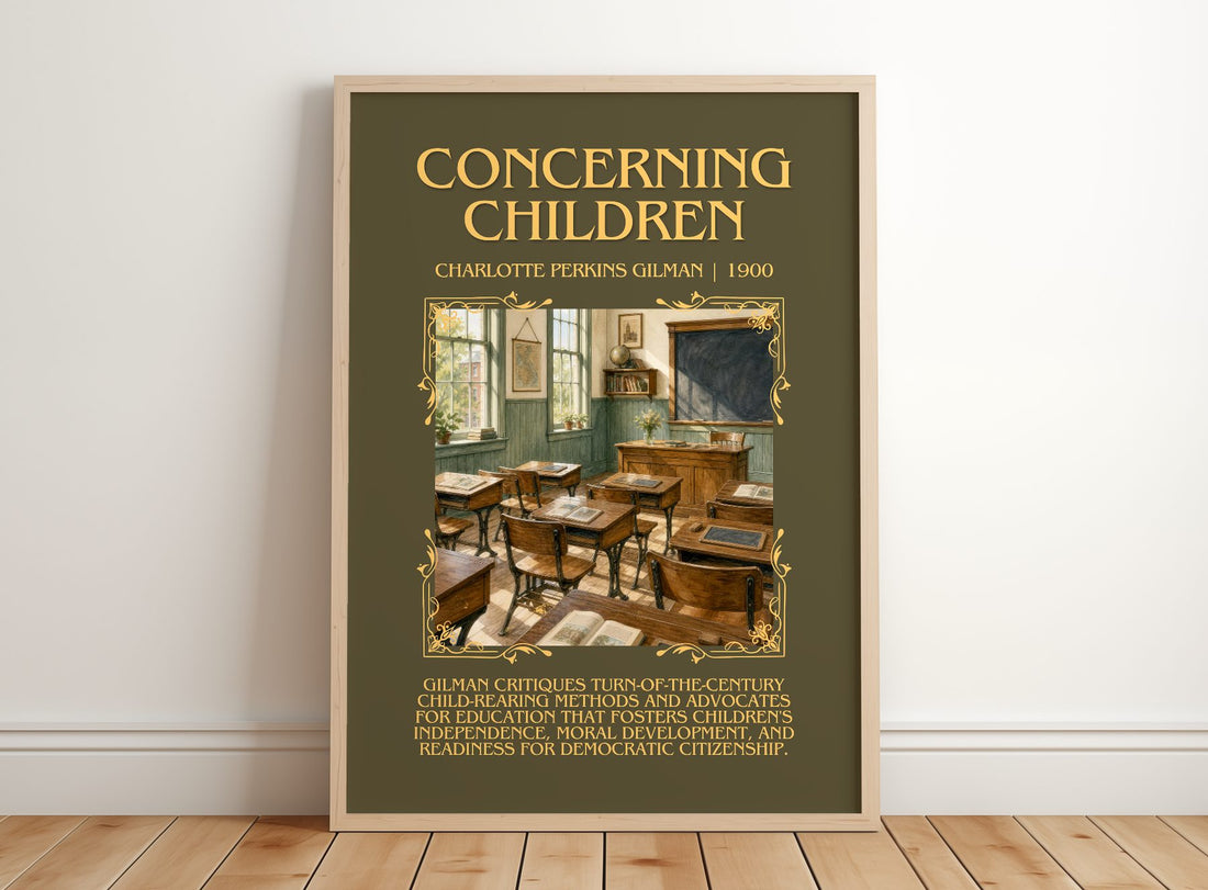 Concerning Children Minimalist Book Poster by Charlotte Perkins Gilman – framed print leaning on a wooden floor