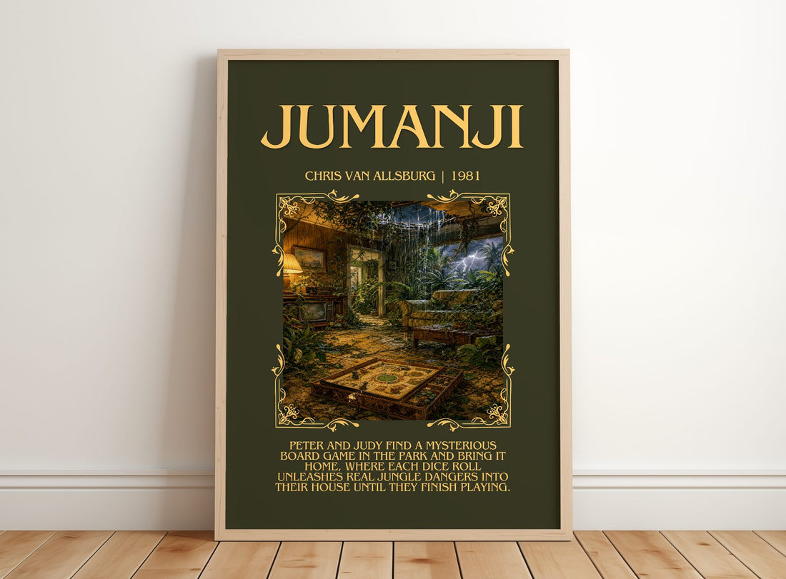 Jumanji Minimalist Book Poster by Chris Van Allsburg – framed print leaning on a wooden floor