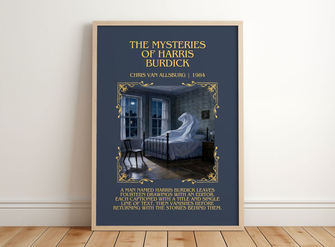 Mysteries Of Harris Burdick Minimalist Book Poster by C. Allsburg – framed print leaning on a wooden floor
