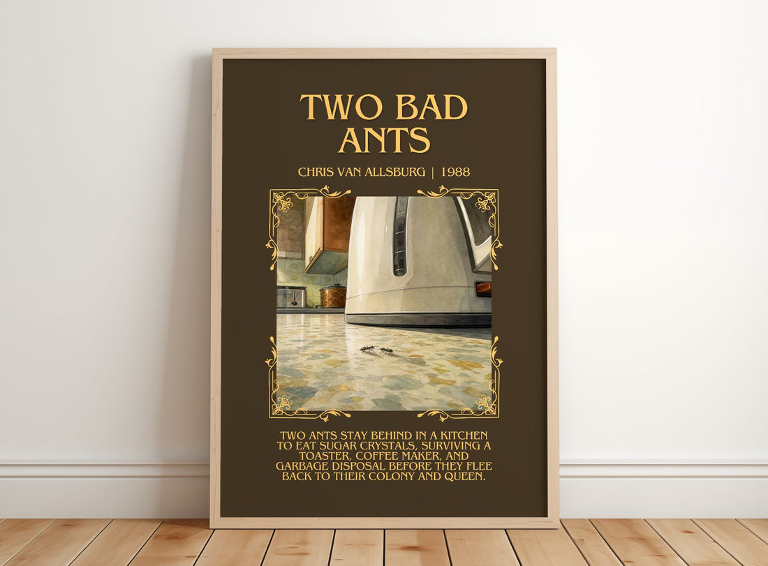 Two Bad Ants Minimalist Book Poster by Chris Van Allsburg – framed print leaning on a wooden floor