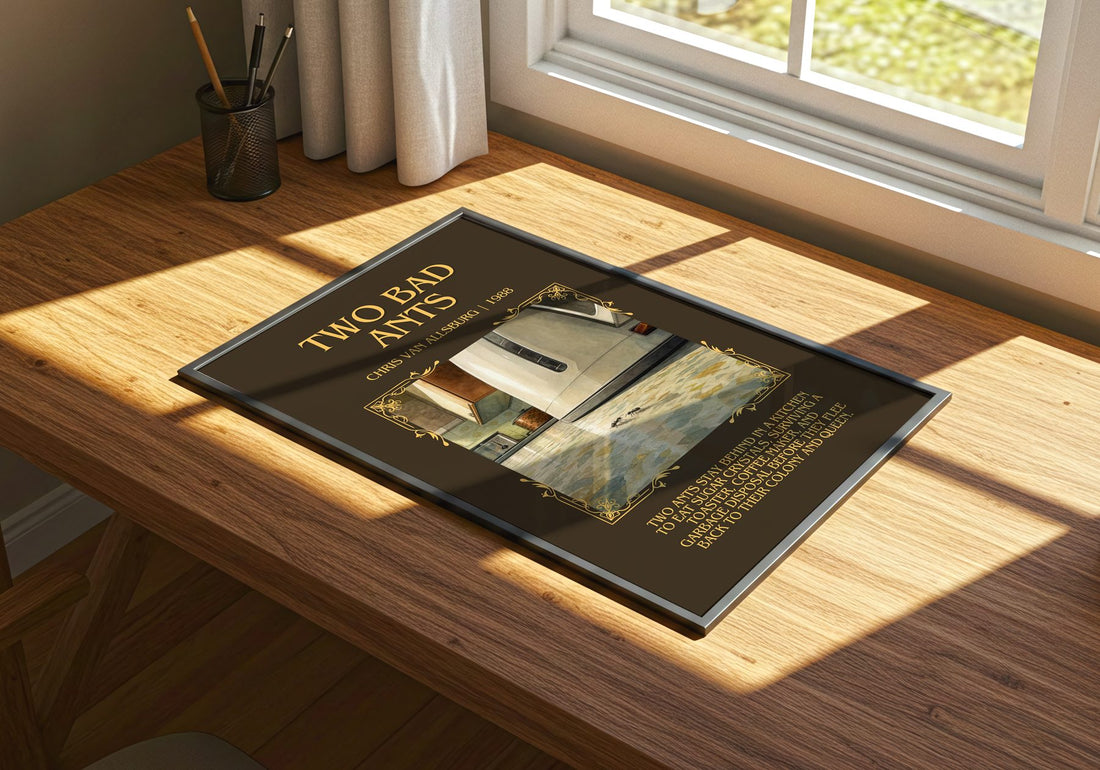 Two Bad Ants Minimalist Book Poster by Chris Van Allsburg – print on a sunlit desk