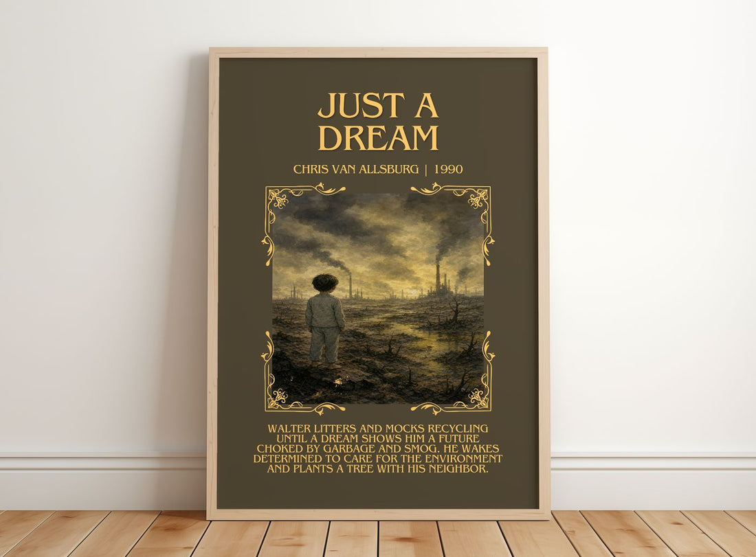 Just A Dream Minimalist Book Poster by Chris Van Allsburg – framed print leaning on a wooden floor