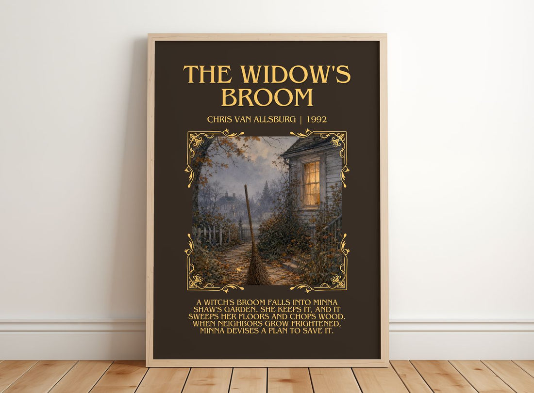 The Widow'S Broom Minimalist Book Poster by Chris Van Allsburg – framed print leaning on a wooden floor