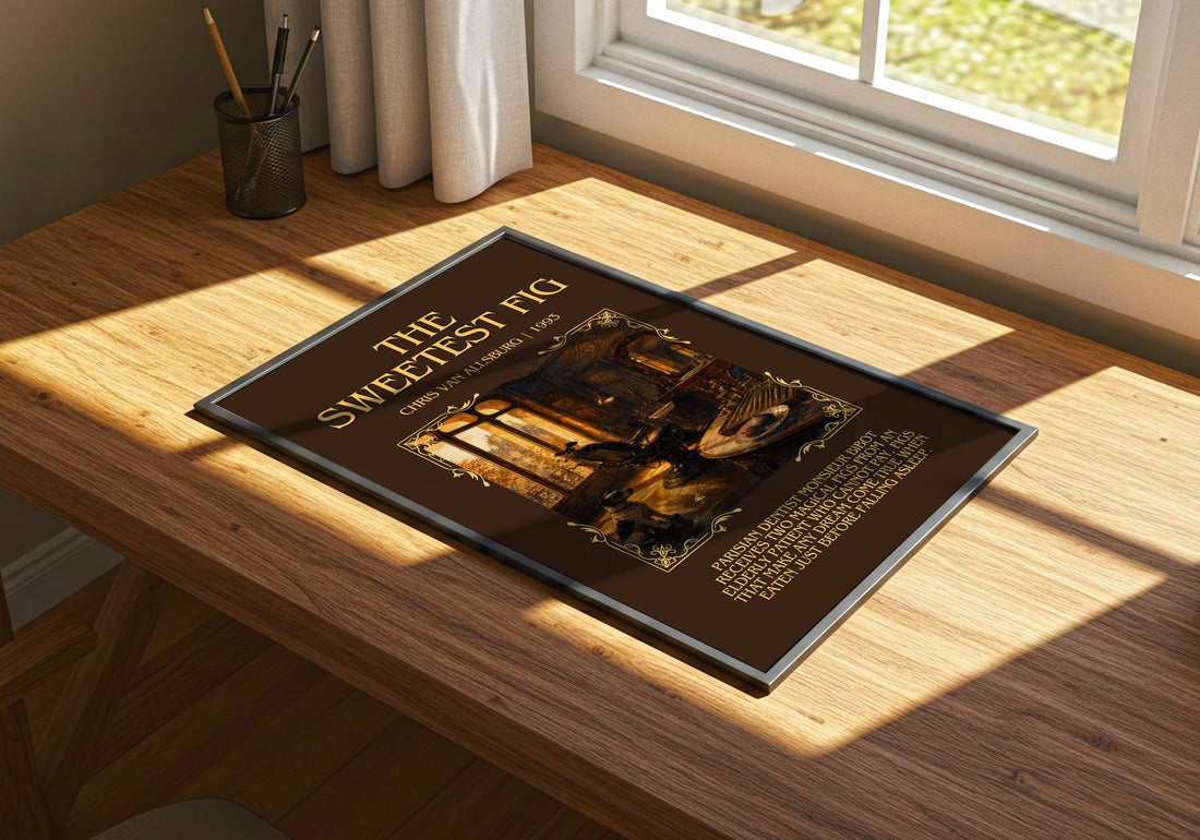 The Sweetest Fig Minimalist Book Poster by Chris Van Allsburg – print on a sunlit desk