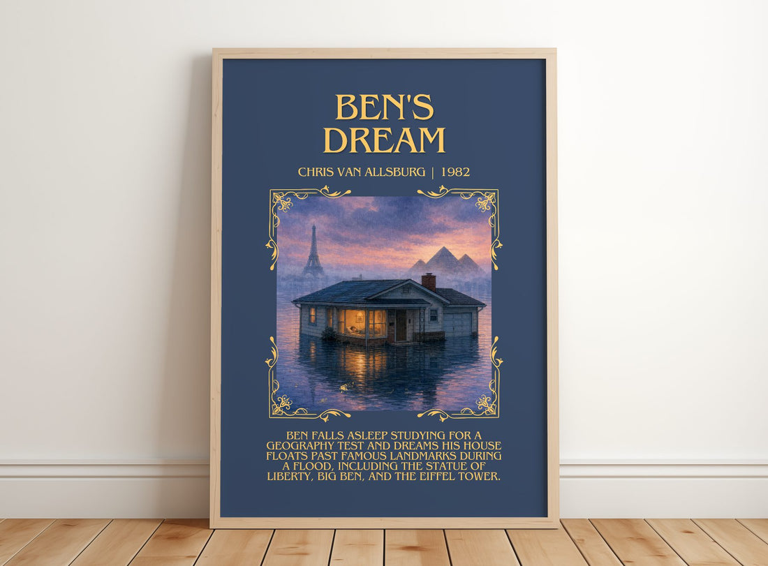 Ben'S Dream Minimalist Book Poster by Chris Van Allsburg – framed print leaning on a wooden floor