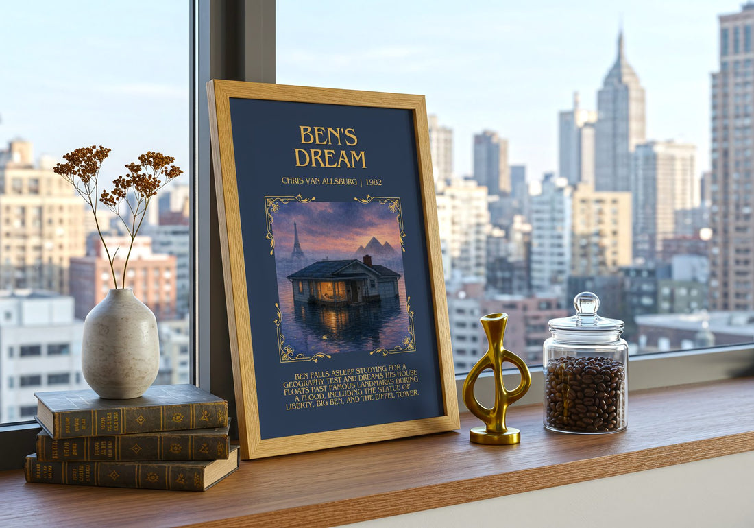 Ben'S Dream Minimalist Book Poster by Chris Van Allsburg – framed print on a city-view windowsill