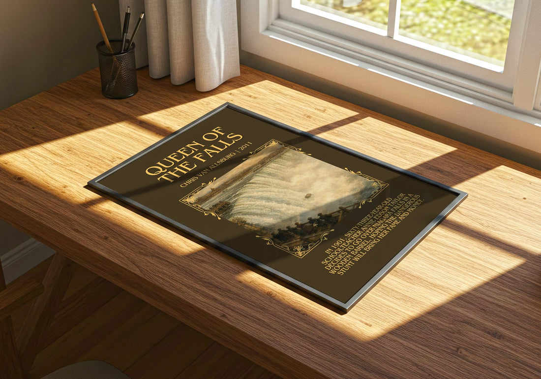 Queen Of The Falls Minimalist Book Poster by Chris Van Allsburg – print on a sunlit desk