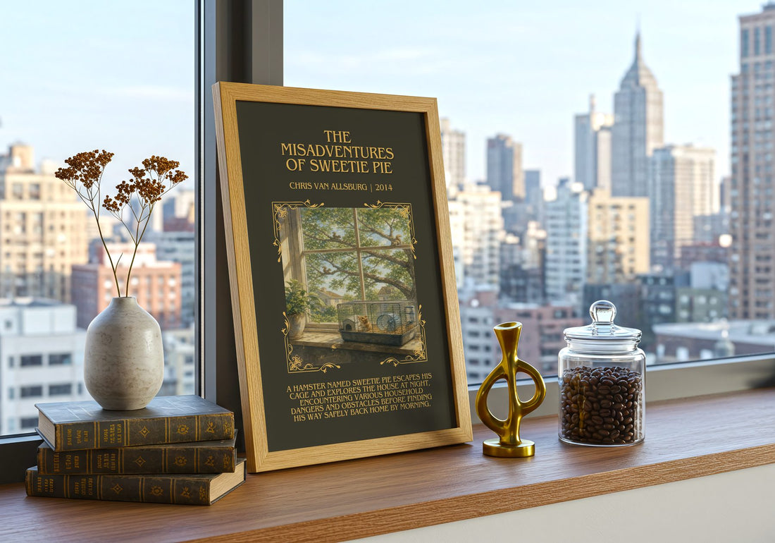 Misadventures Of Sweetie Pie Minimalist Book Poster by C. Allsburg – framed print on a city-view windowsill