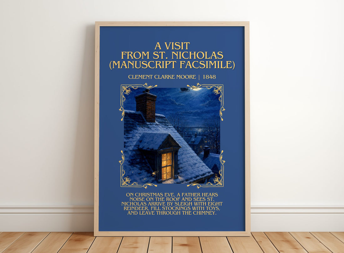 Visit From St. Nicholas (Manuscript Facsimile) Minimalist Book Poster – framed print leaning on a wooden floor