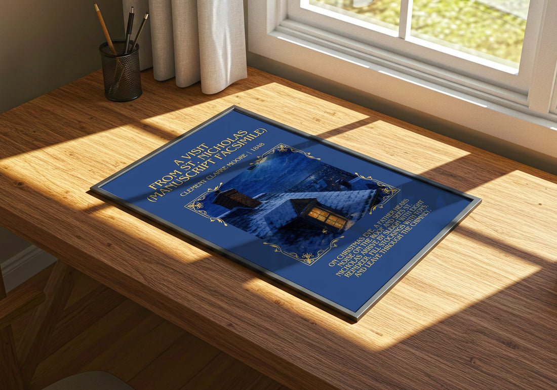 Visit From St. Nicholas (Manuscript Facsimile) Minimalist Book Poster – print on a sunlit desk