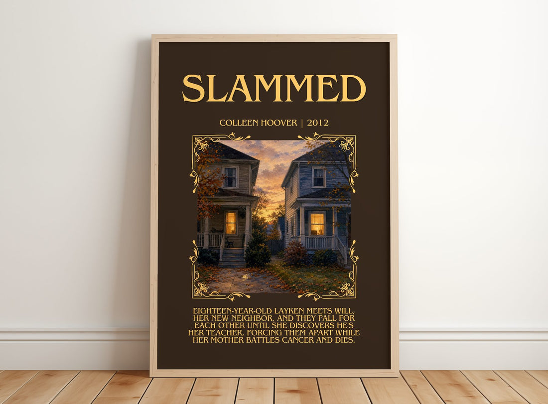 Slammed Minimalist Book Poster by Colleen Hoover – framed print leaning on a wooden floor