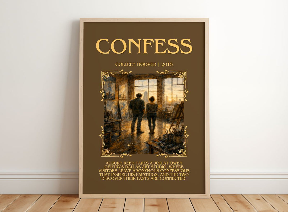 Confess Minimalist Book Poster by Colleen Hoover – framed print leaning on a wooden floor