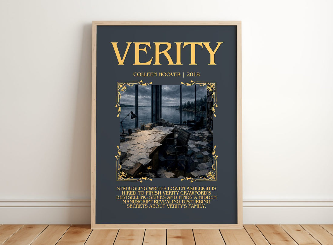 Verity Minimalist Book Poster by Colleen Hoover – framed print leaning on a wooden floor