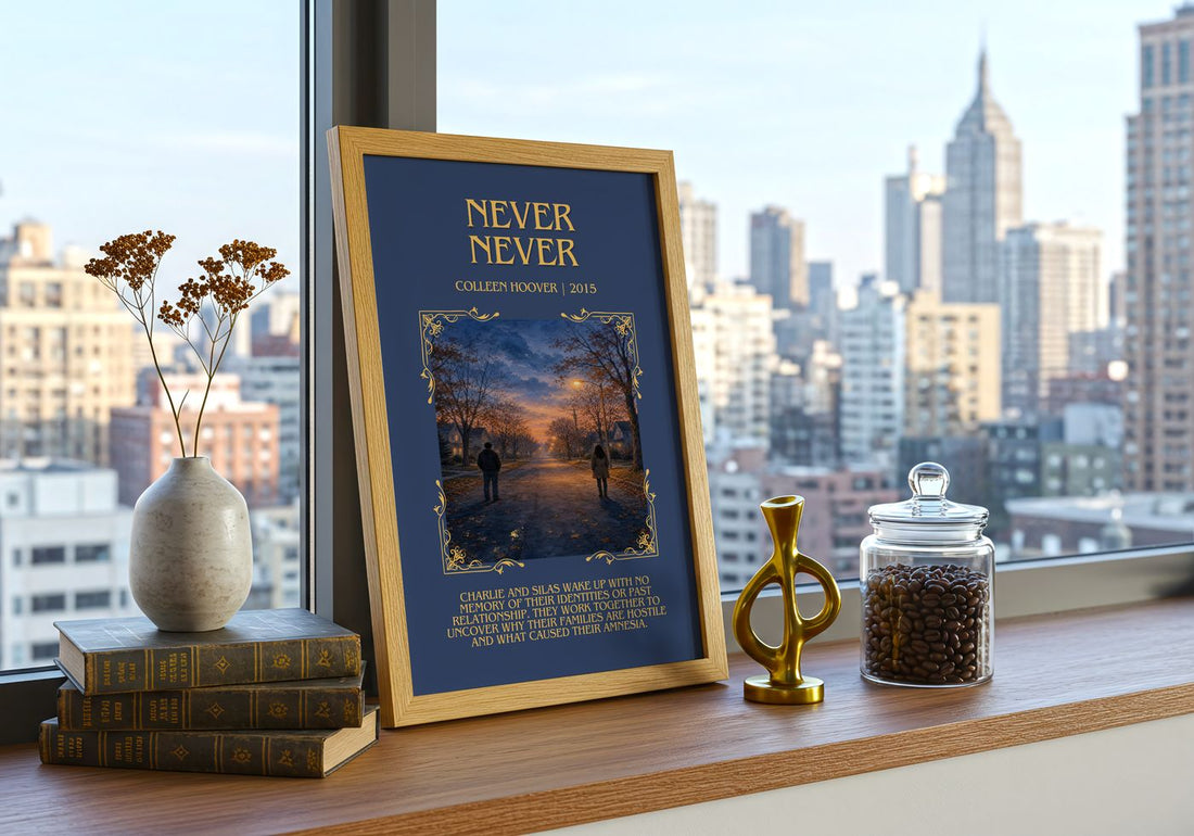 Never Never Minimalist Book Poster by Colleen Hoover – framed print on a city-view windowsill