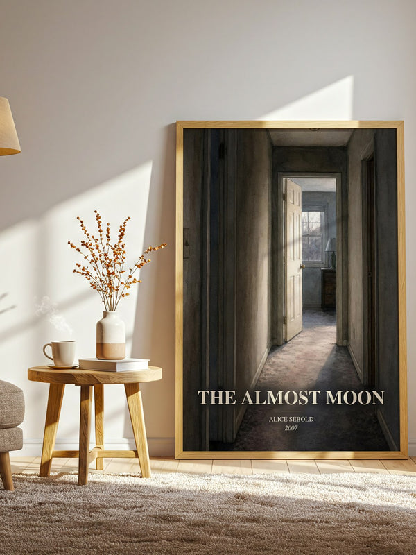 The Almost Moon watercolour print in frame leaning in hallway – literary fiction wall art