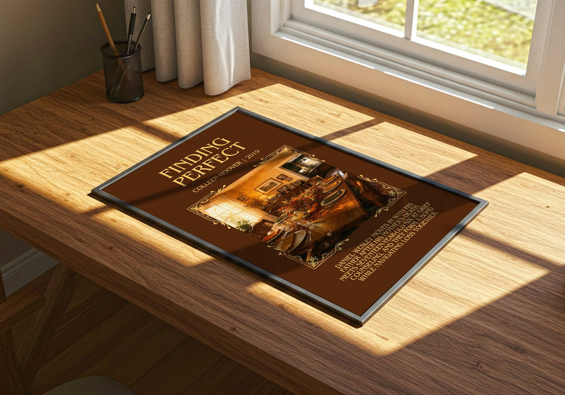 Finding Perfect Minimalist Book Poster by Colleen Hoover – print on a sunlit desk