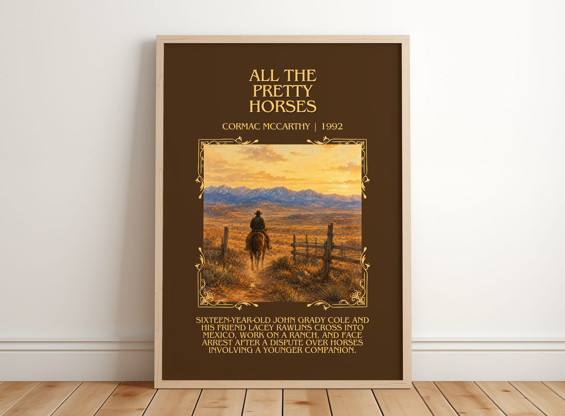 All The Pretty Horses Minimalist Book Poster by Cormac Mccarthy – framed print leaning on a wooden floor