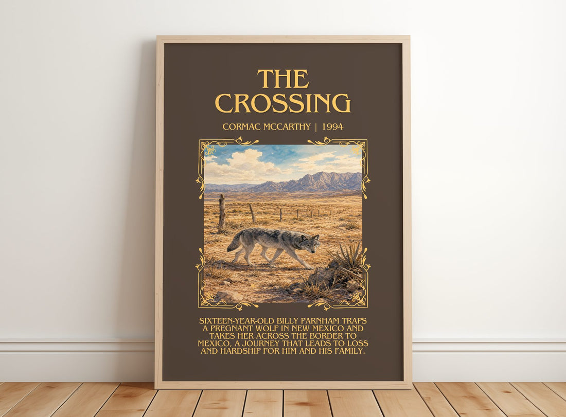 The Crossing Minimalist Book Poster by Cormac Mccarthy – framed print leaning on a wooden floor