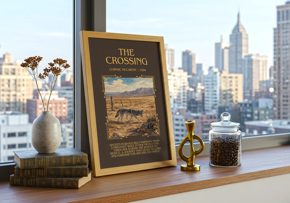 The Crossing Minimalist Book Poster by Cormac Mccarthy – framed print on a city-view windowsill