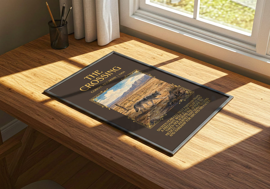 The Crossing Minimalist Book Poster by Cormac Mccarthy – print on a sunlit desk