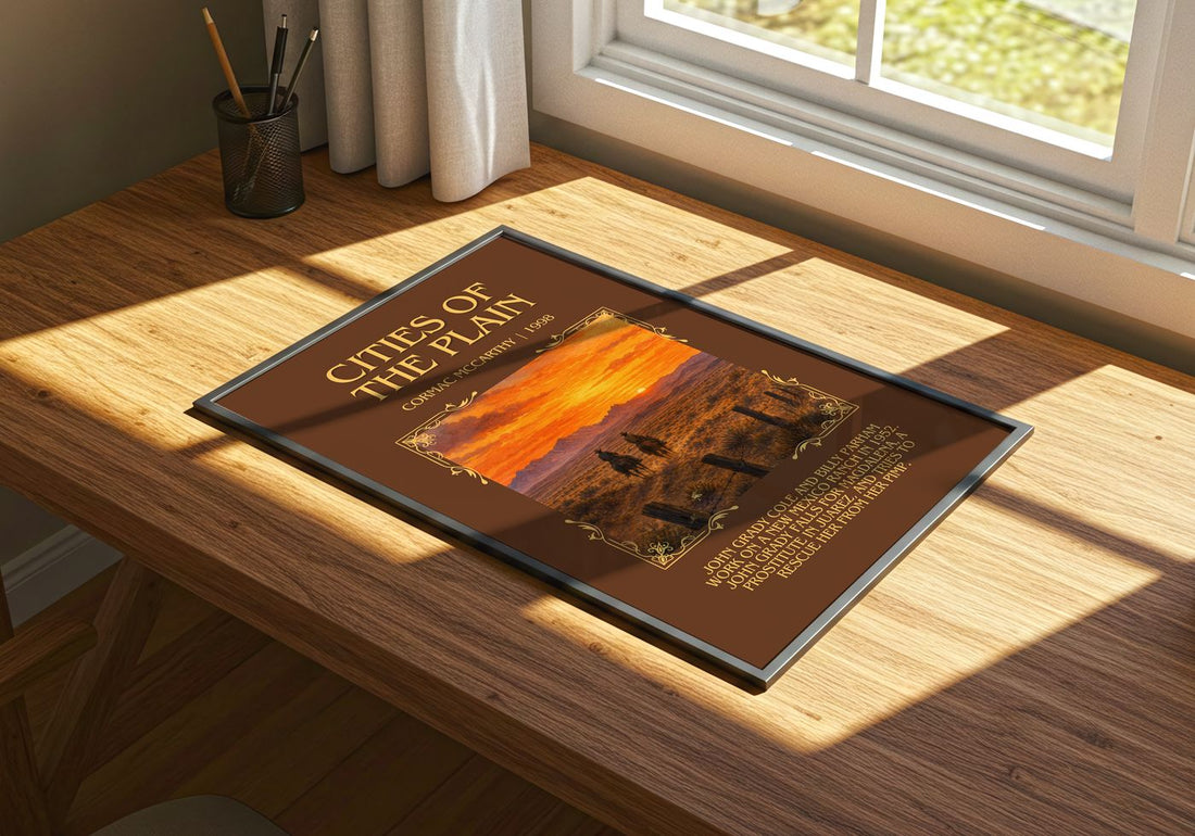 Cities Of The Plain Minimalist Book Poster by Cormac Mccarthy – print on a sunlit desk