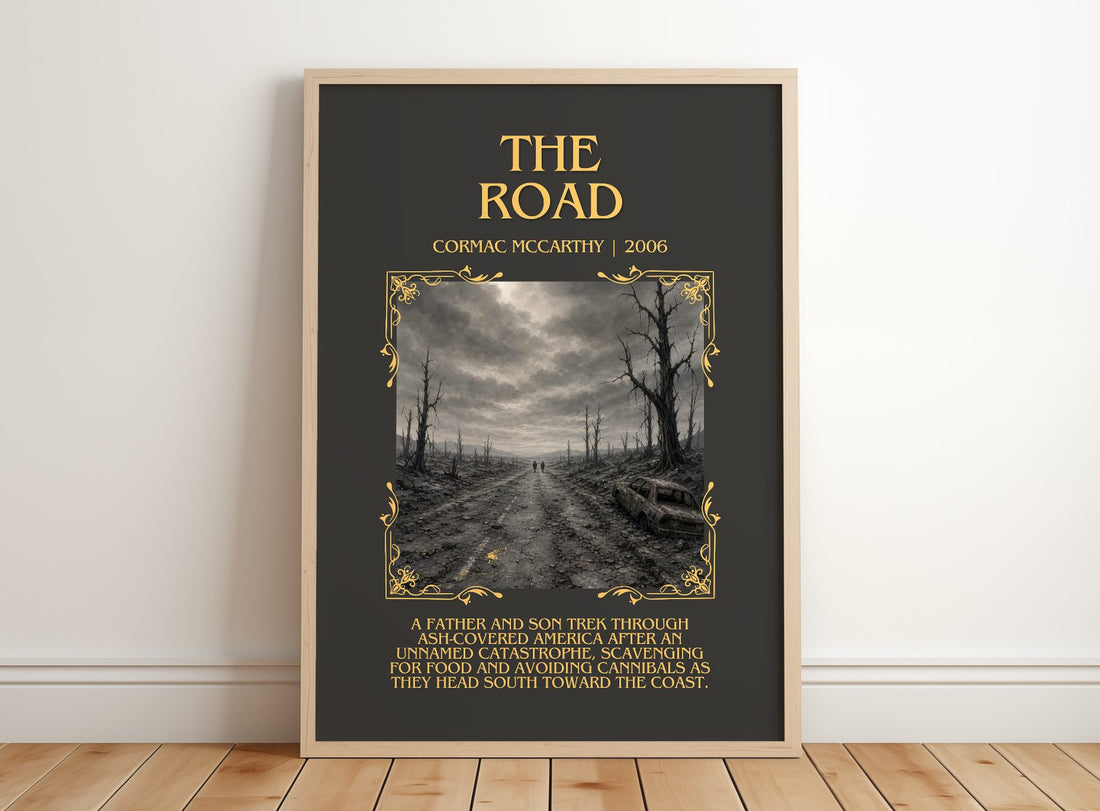 The Road Minimalist Book Poster by Cormac Mccarthy – framed print leaning on a wooden floor