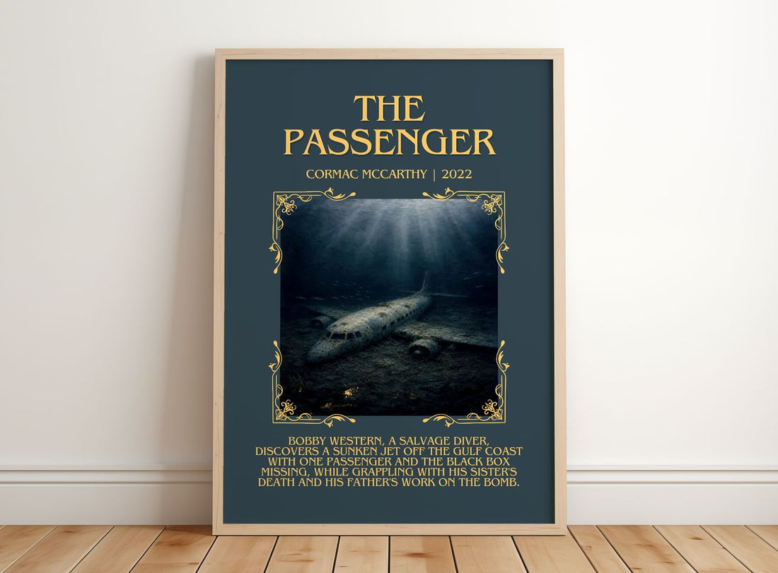 The Passenger Minimalist Book Poster by Cormac Mccarthy – framed print leaning on a wooden floor