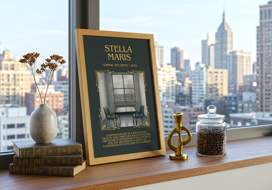Stella Maris Minimalist Book Poster by Cormac Mccarthy – framed print on a city-view windowsill