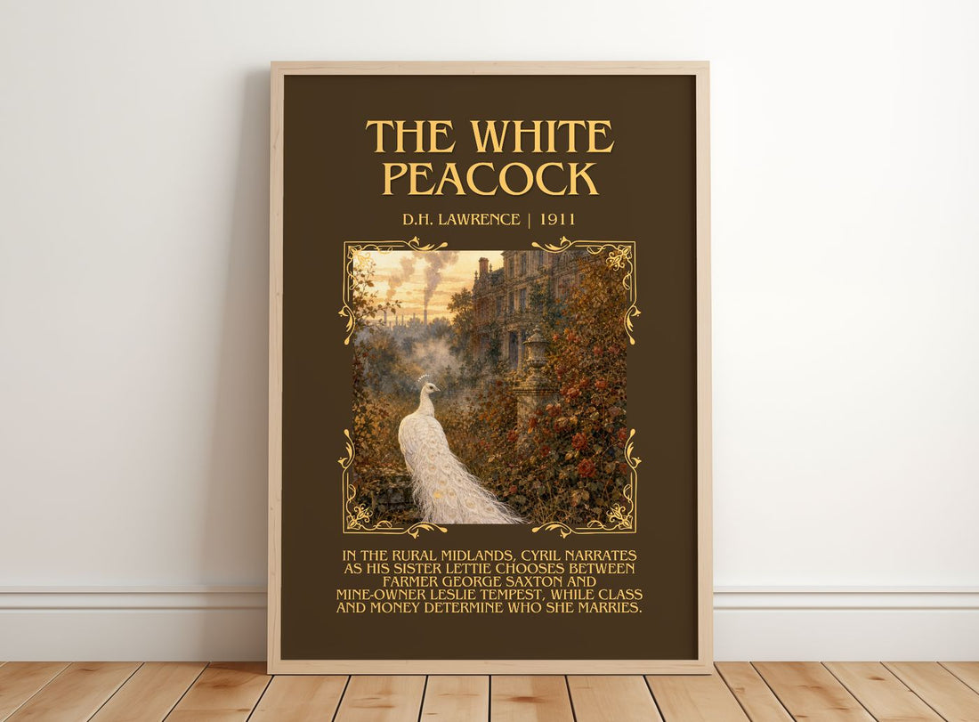 The White Peacock Minimalist Book Poster by D.H. Lawrence – framed print leaning on a wooden floor