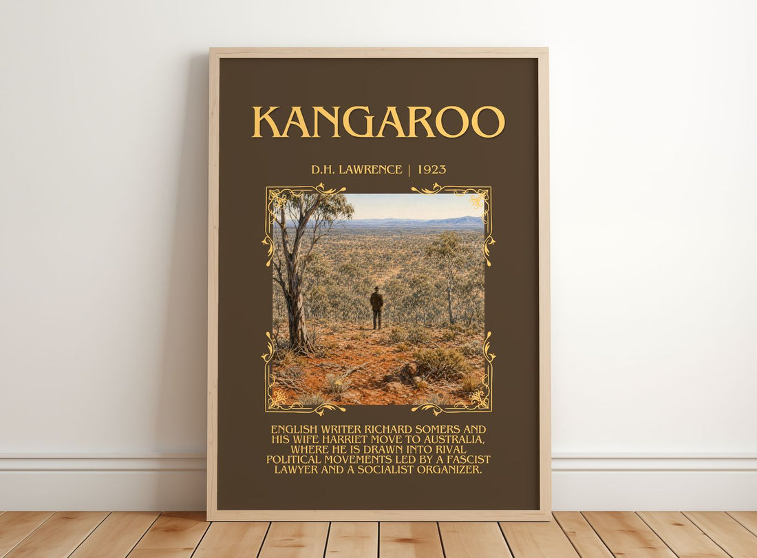 Kangaroo Minimalist Book Poster by D.H. Lawrence – framed print leaning on a wooden floor