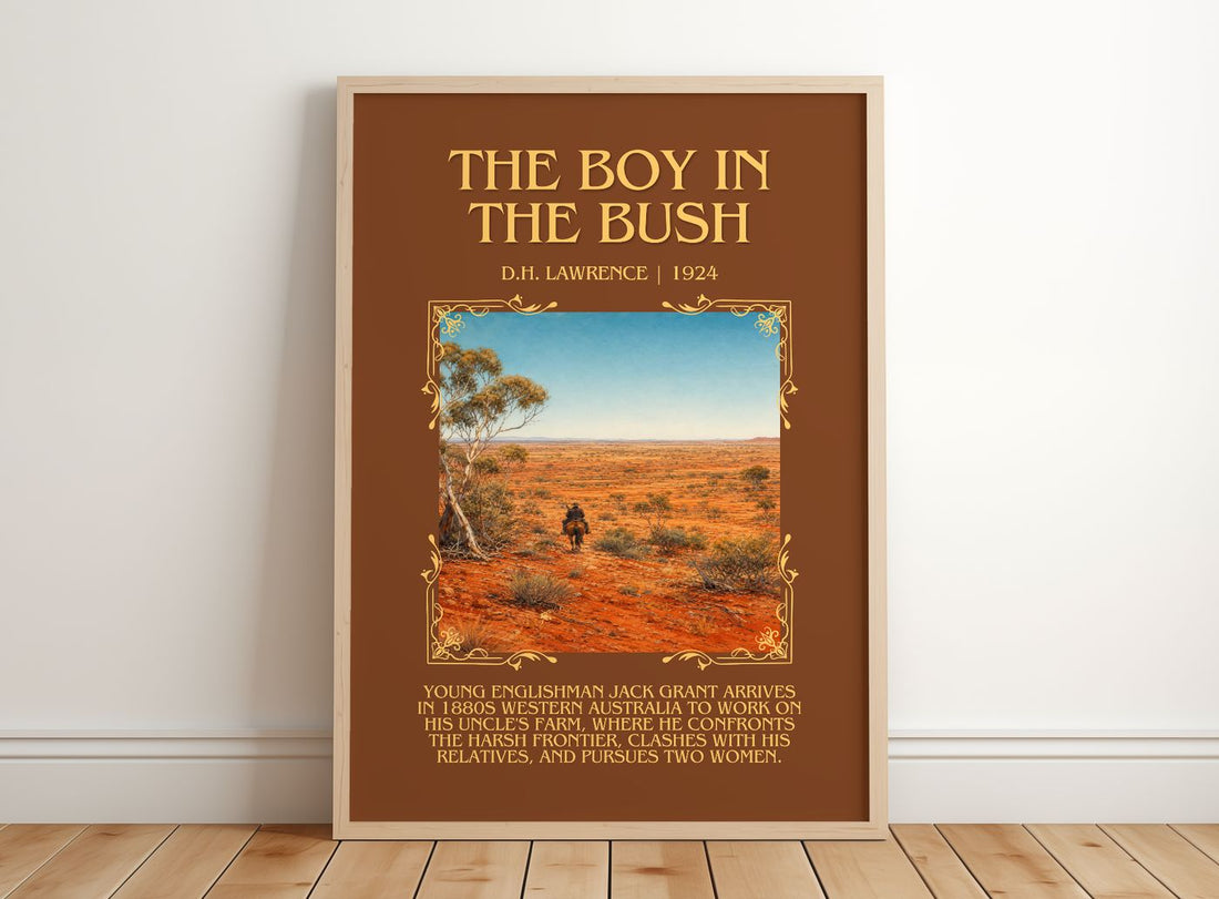 The Boy In The Bush Minimalist Book Poster by D.H. Lawrence – framed print leaning on a wooden floor