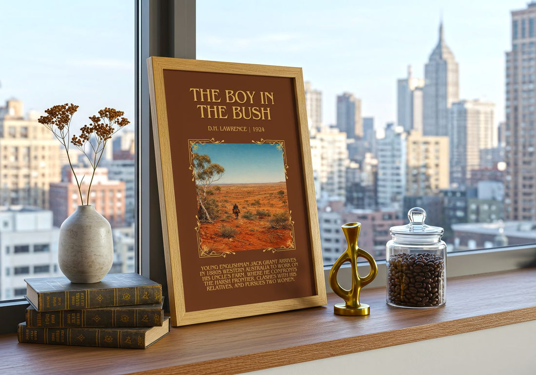 The Boy In The Bush Minimalist Book Poster by D.H. Lawrence – framed print on a city-view windowsill