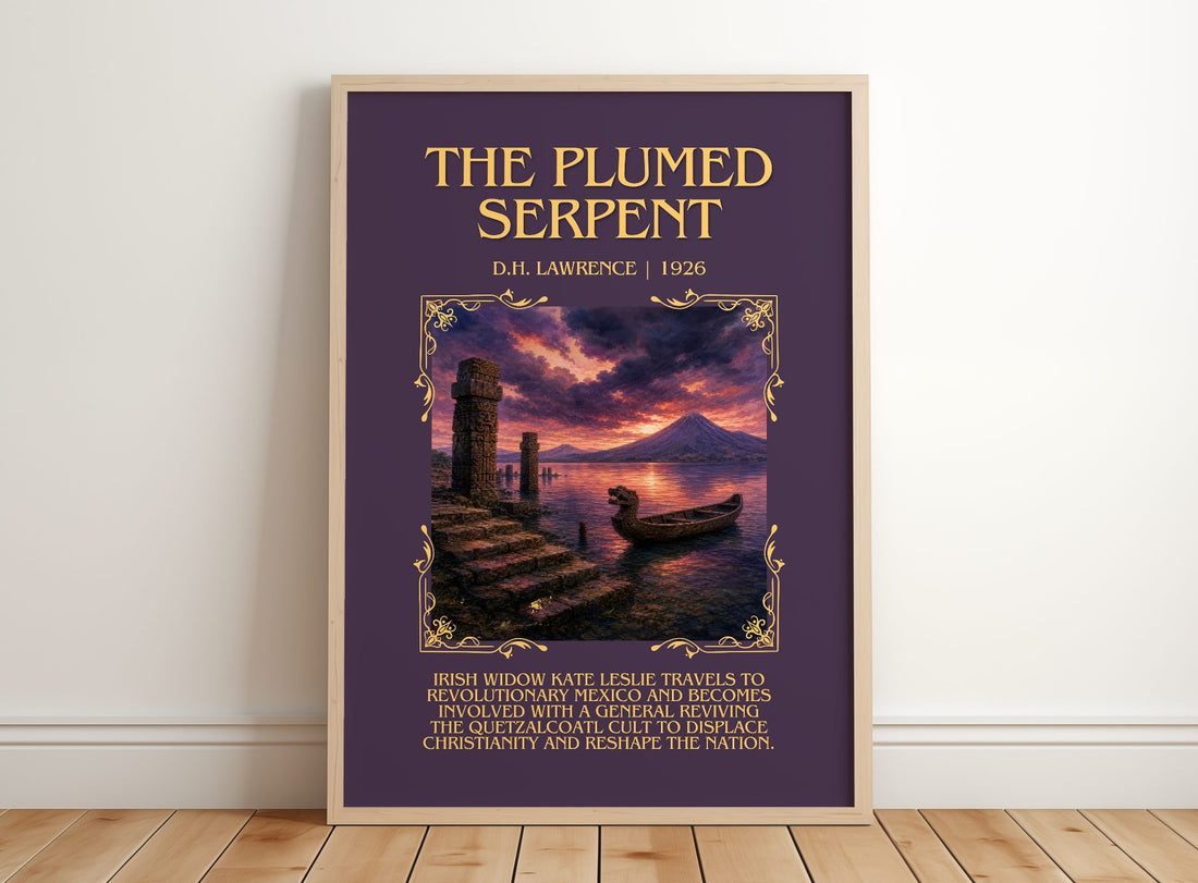 The Plumed Serpent Minimalist Book Poster by D.H. Lawrence – framed print leaning on a wooden floor